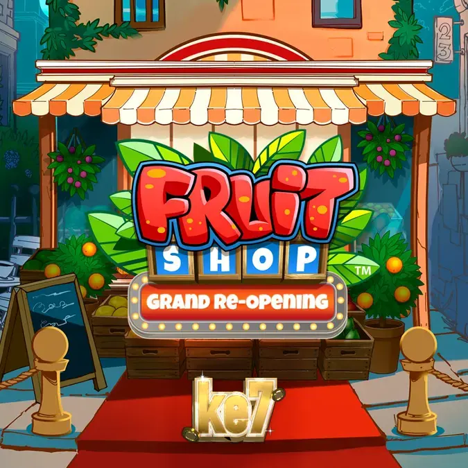 Tampilan visual slot Fruit Shop Grand Re-Opening dengan simbol buah klasik